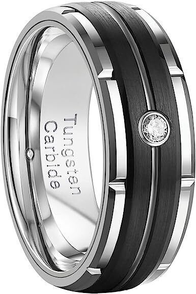 Men's 8mm Tungsten Brushed Black Silver Groove CZ Comfort-Fit Wedding Band